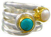 Silver & Gold Ring with Turquoise and Pearl- Ring size 8.5